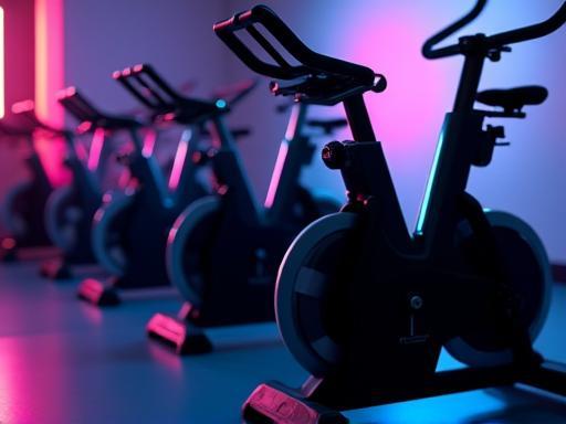 Row of modern spin bikes ready for a dynamic cycling class
